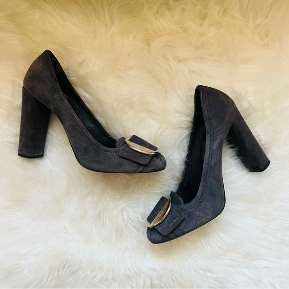 PRADA Logo Buckle Block Heel Suede Leather Pumps - Picture 2 of 10